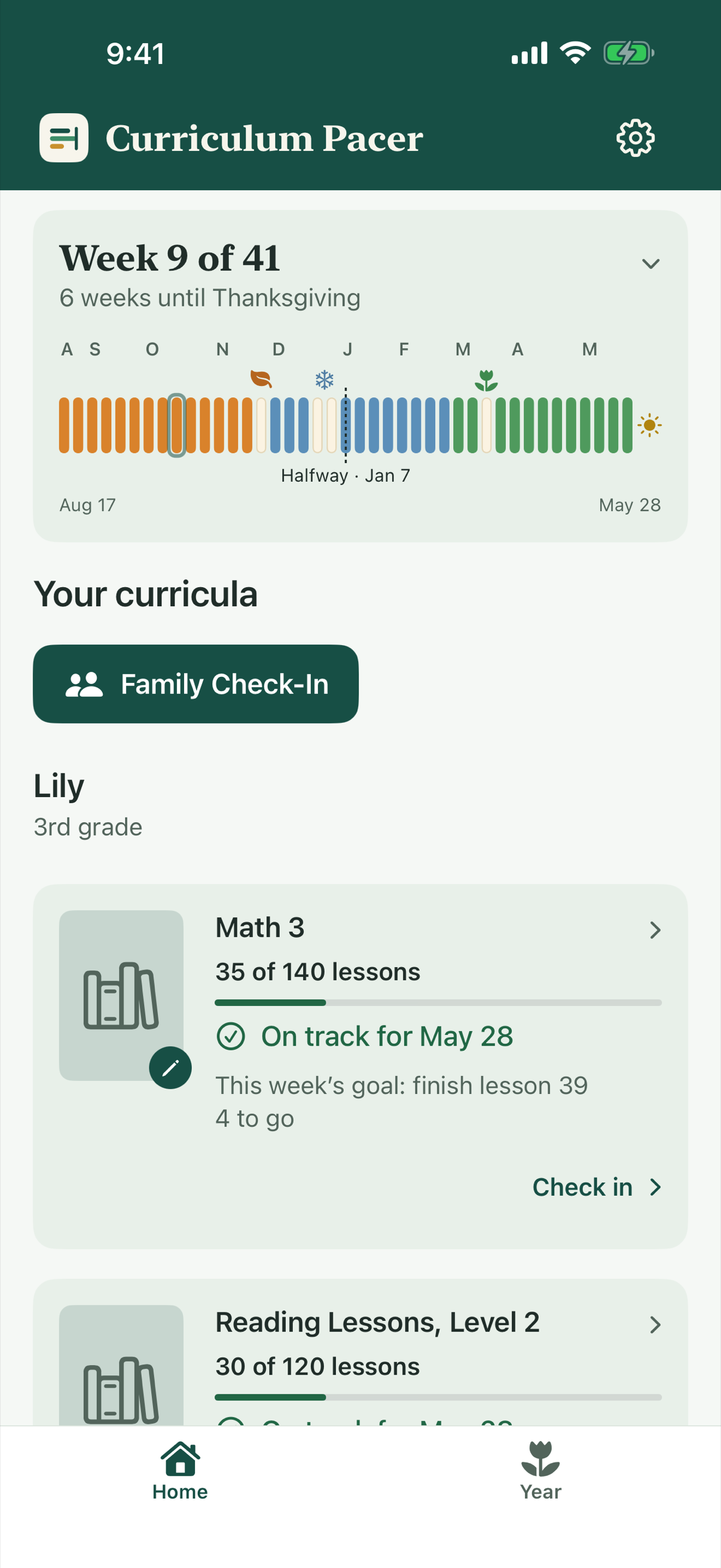 Curriculum Pacer’s Home screen: week 9 of 41 on the school year, and Lily’s Math 3 at 35 of 140 lessons, on track for May 28. This week’s goal: finish lesson 39, 4 to go.