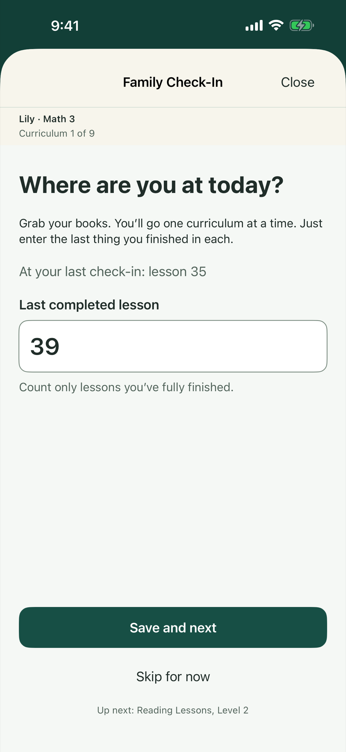 Family Check-In for Lily’s Math 3, curriculum 1 of 9. At her last check-in she was on lesson 35; 39 is entered as the last completed lesson.